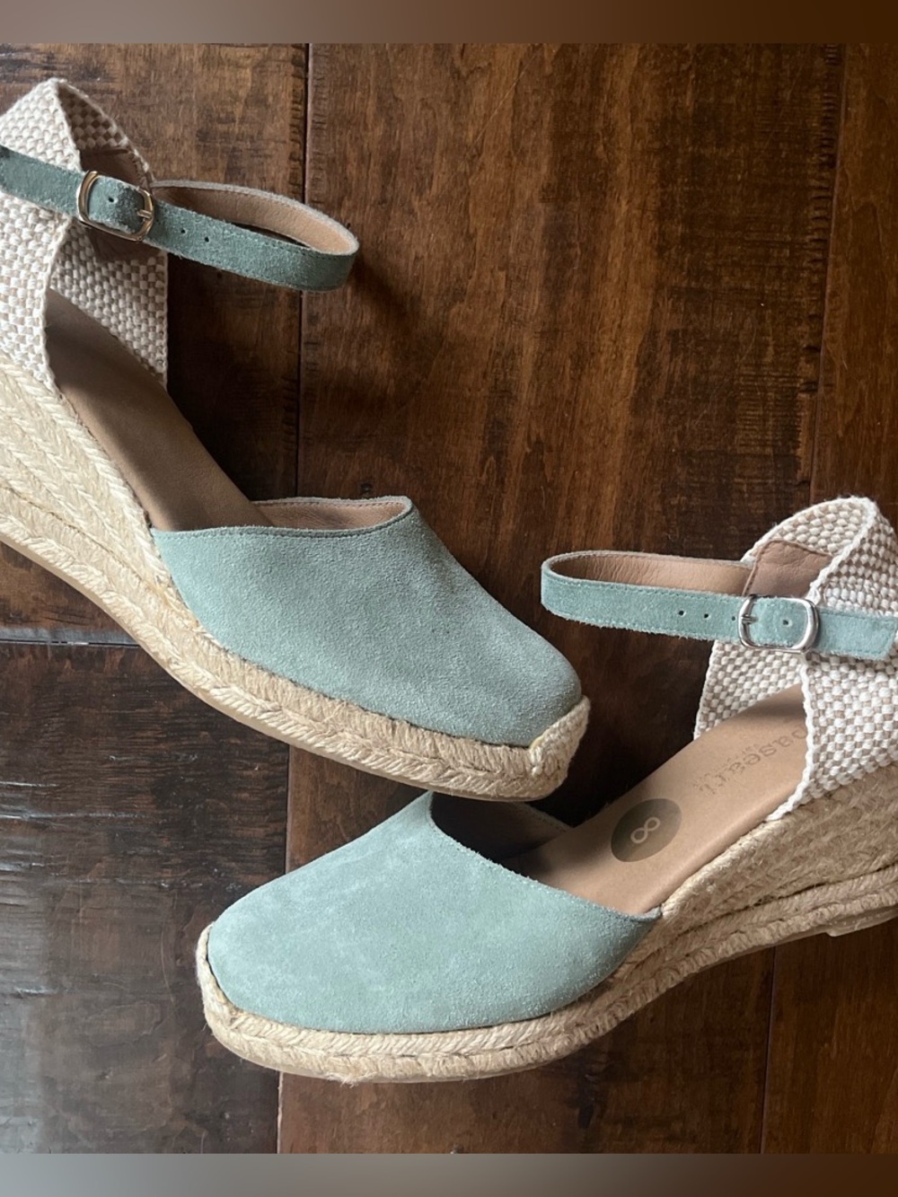 Paseart sage mint green suede ankle strap espadrille wedge sandals Sz. 8